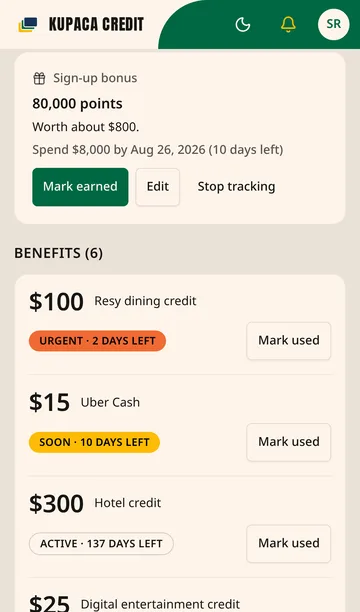A card's benefits in Kupaca, each with its dollar value, days left, and a Mark used button