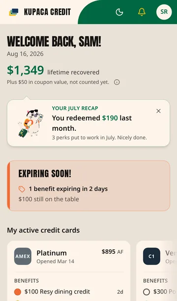 Kupaca's Home screen showing $1,349 recovered, a July recap, and a $100 credit expiring in 2 days