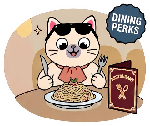 Kupaca's cat mascot with knife and fork over a plate of pasta, a restaurant menu beside it, under a Dining Perks badge