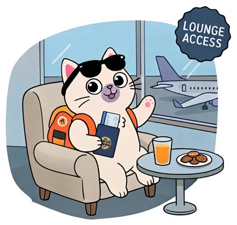 Kupaca's cat mascot relaxing in an airport lounge armchair with a passport, juice and cookies, planes outside, under a Lounge Access badge